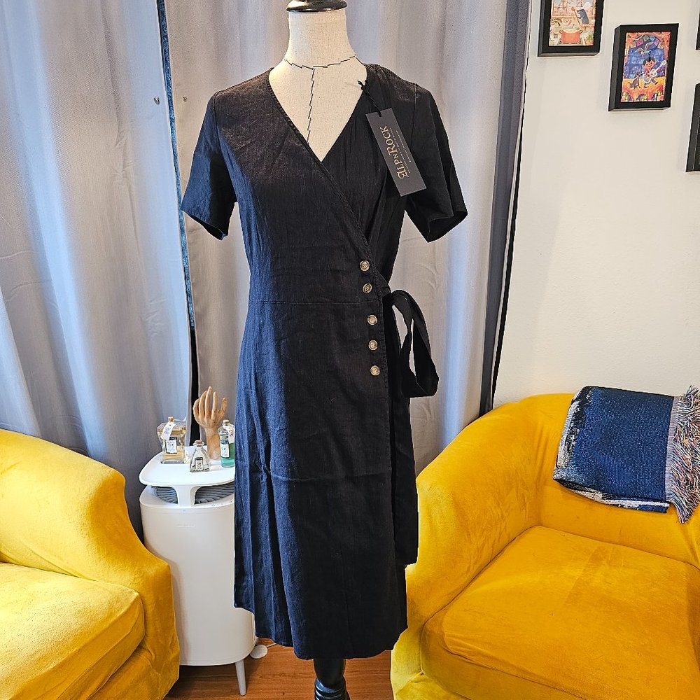 Black Wrap Midi Dress with Button Detail - Unknown Brand